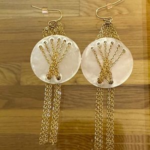 Mother of Pearl Earrings w/hanging Gold Tone chains. Hand crafted.